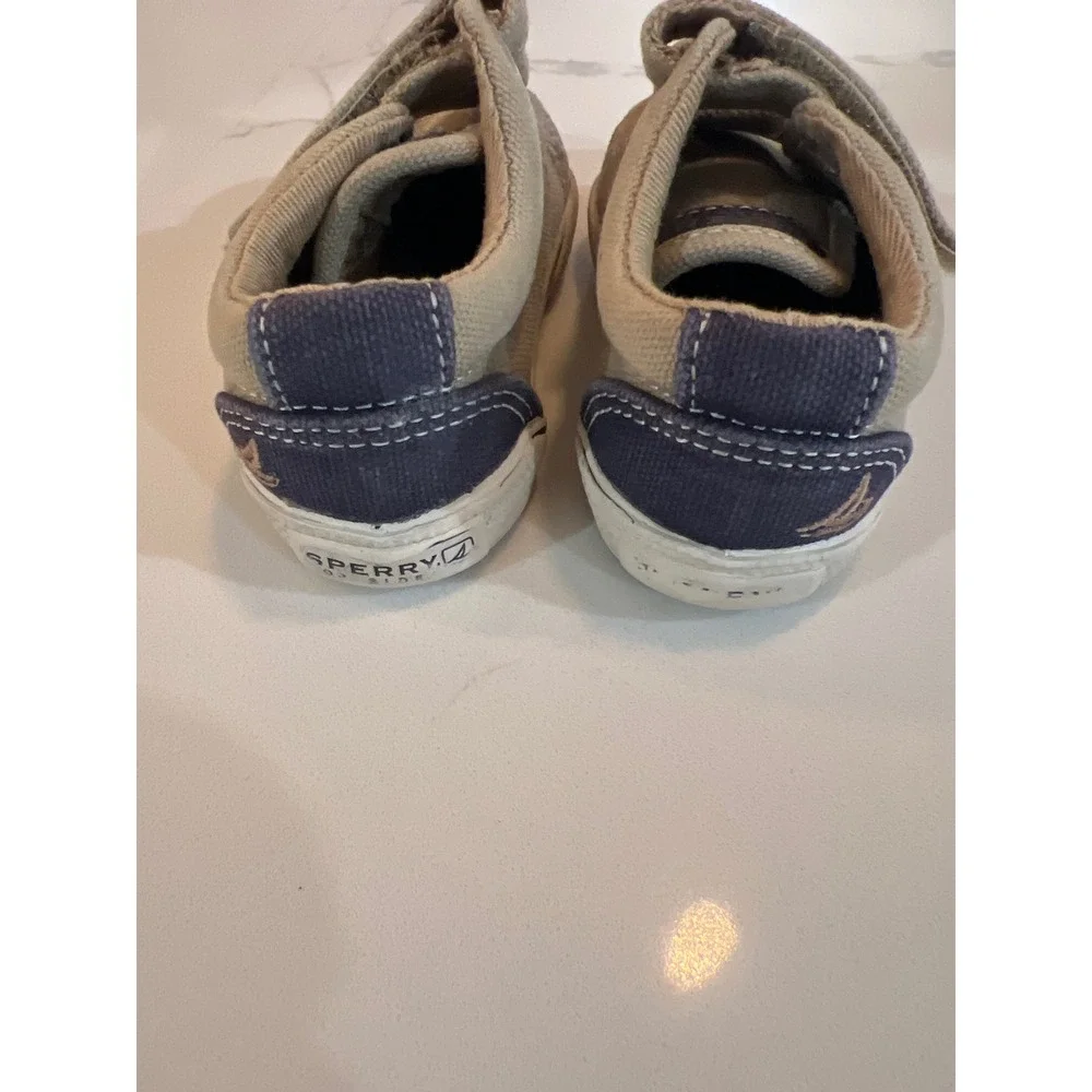 Sperry Top‎ Sider Toddler Crib Shoes Khaki Navy Canvas Hook Loop Size 1